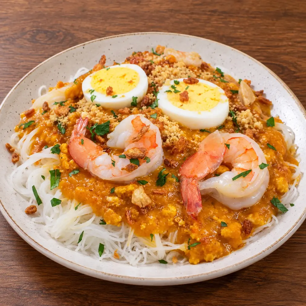 Palabok topped with shrimp and sliced egg
