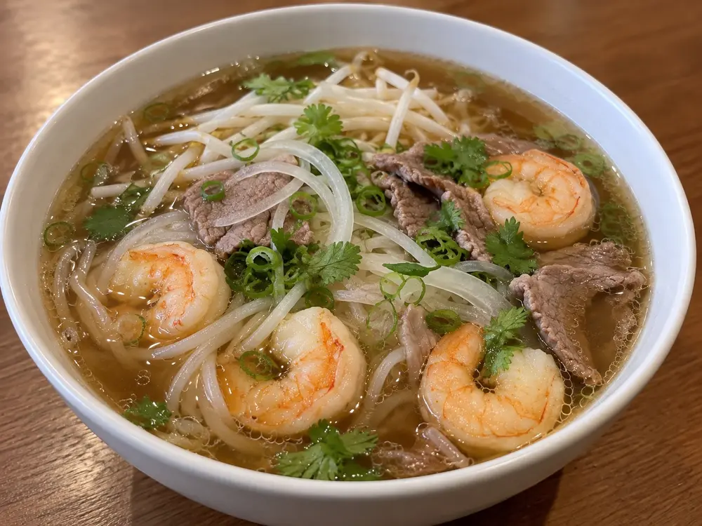 Pho with beef and shrimp