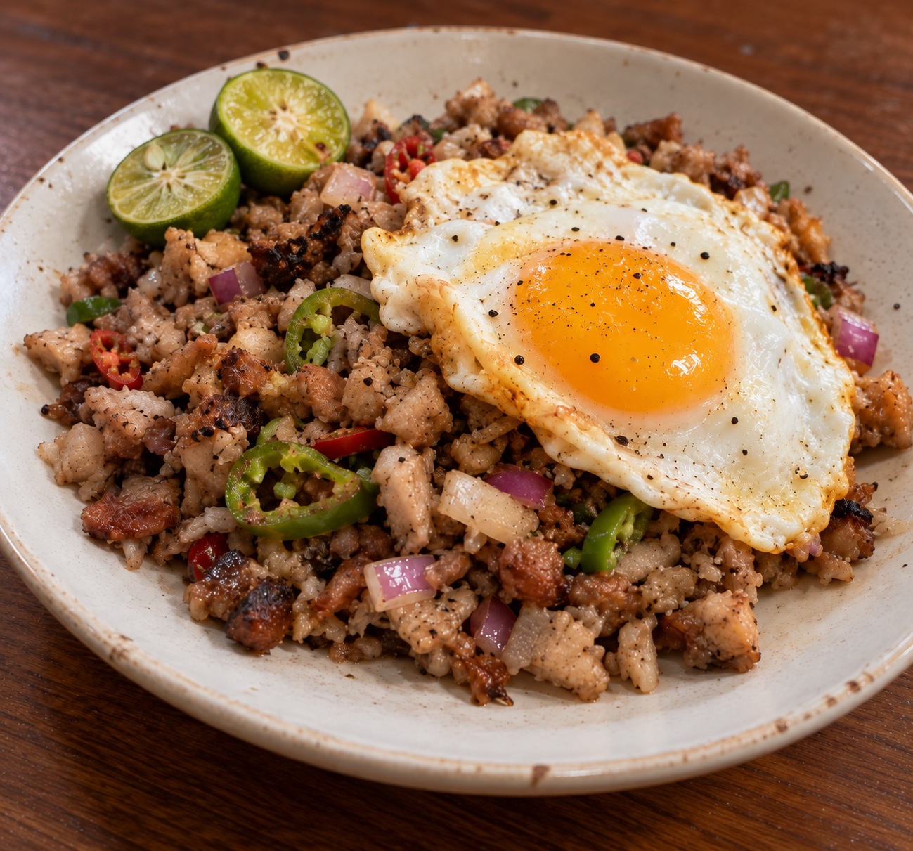 Sisig topped with an over-easy egg