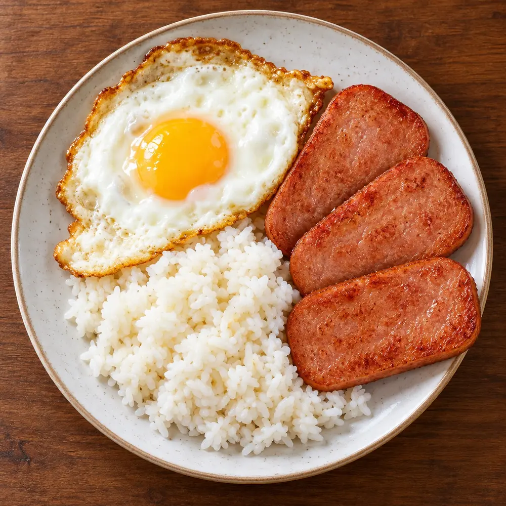 Spamsilog with fried Spam, rice, and a fried egg